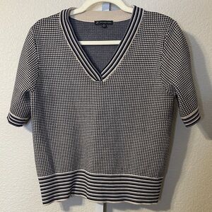 Adrianna Papell V-Neck Short Sleeve Knit Sweater Top Women's M‎ Beige Blue